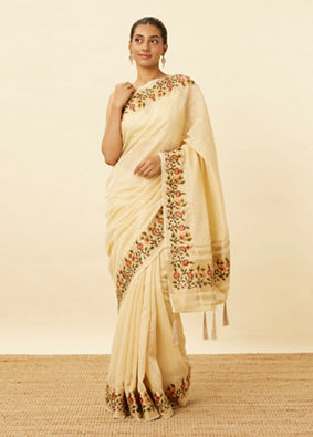 Mohey Women Ivory White Saree with Sequins and Patterned Borders
