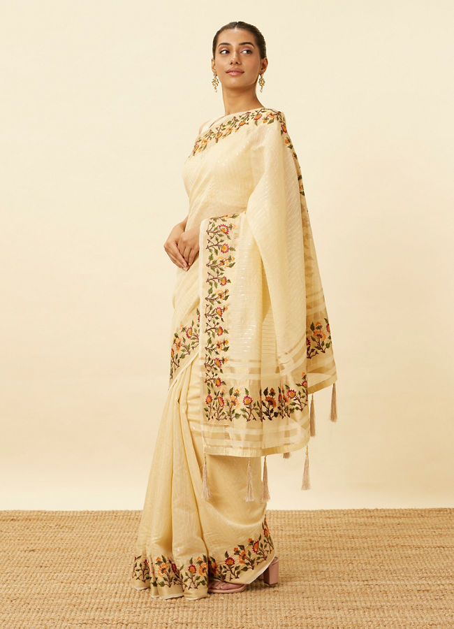 Mohey Women Ivory White Saree with Sequins and Patterned Borders