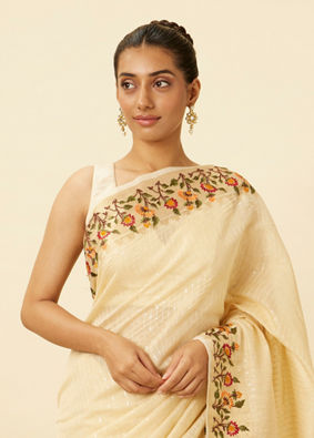 Mohey Women Ivory White Saree with Sequins and Patterned Borders
