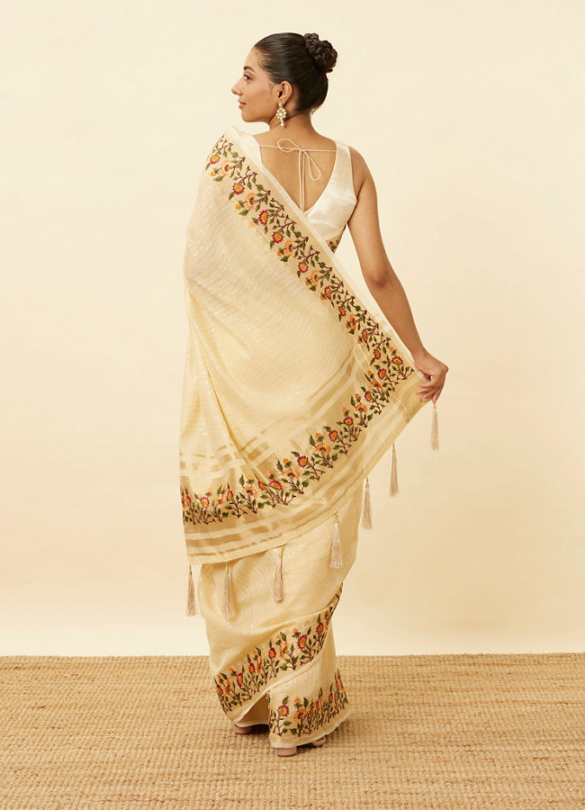 Mohey Women Ivory White Saree with Sequins and Patterned Borders