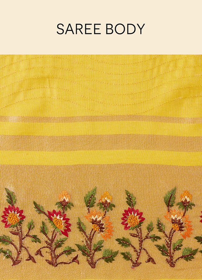 alt message - Mohey Women Primrose Yellow Saree with Botanical Patterns image number 4