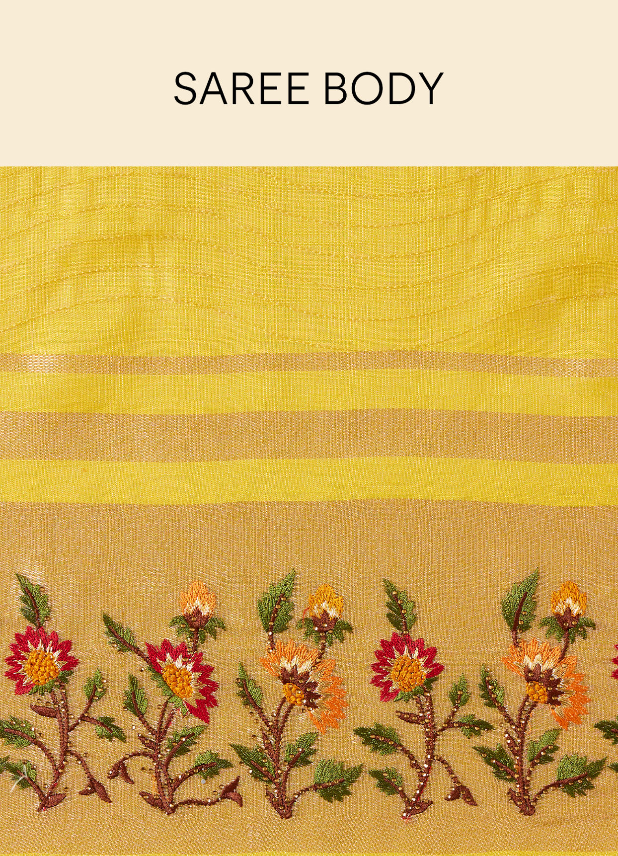 alt message - Mohey Women Primrose Yellow Saree with Botanical Patterns image number 4