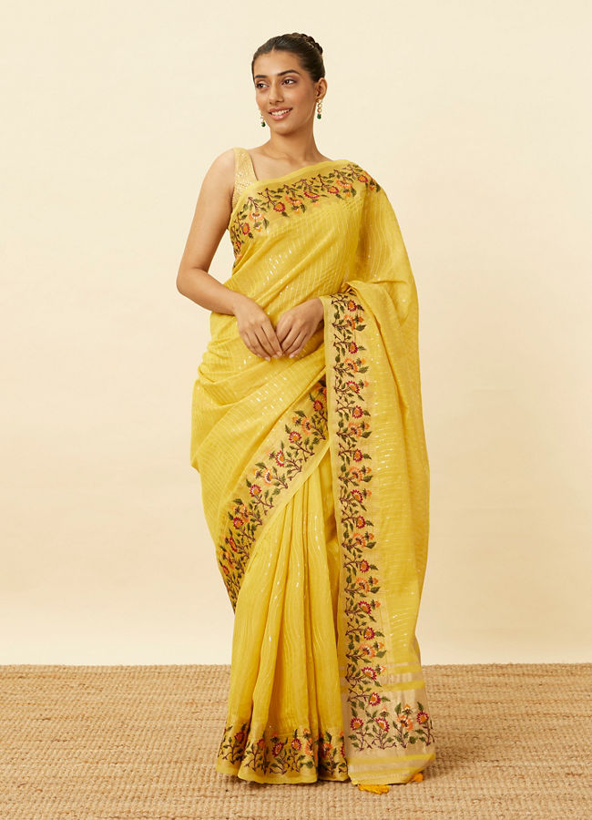 alt message - Mohey Women Primrose Yellow Saree with Botanical Patterns image number 0