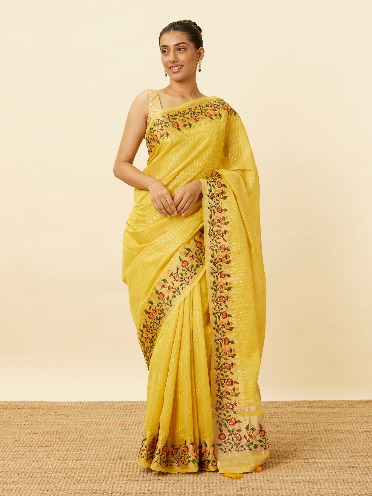 Mohey Women Primrose Yellow Saree with Botanical Patterns