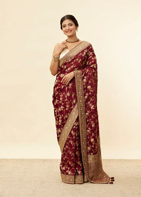 Ruby Red Floral Zari Work Saree image number 0