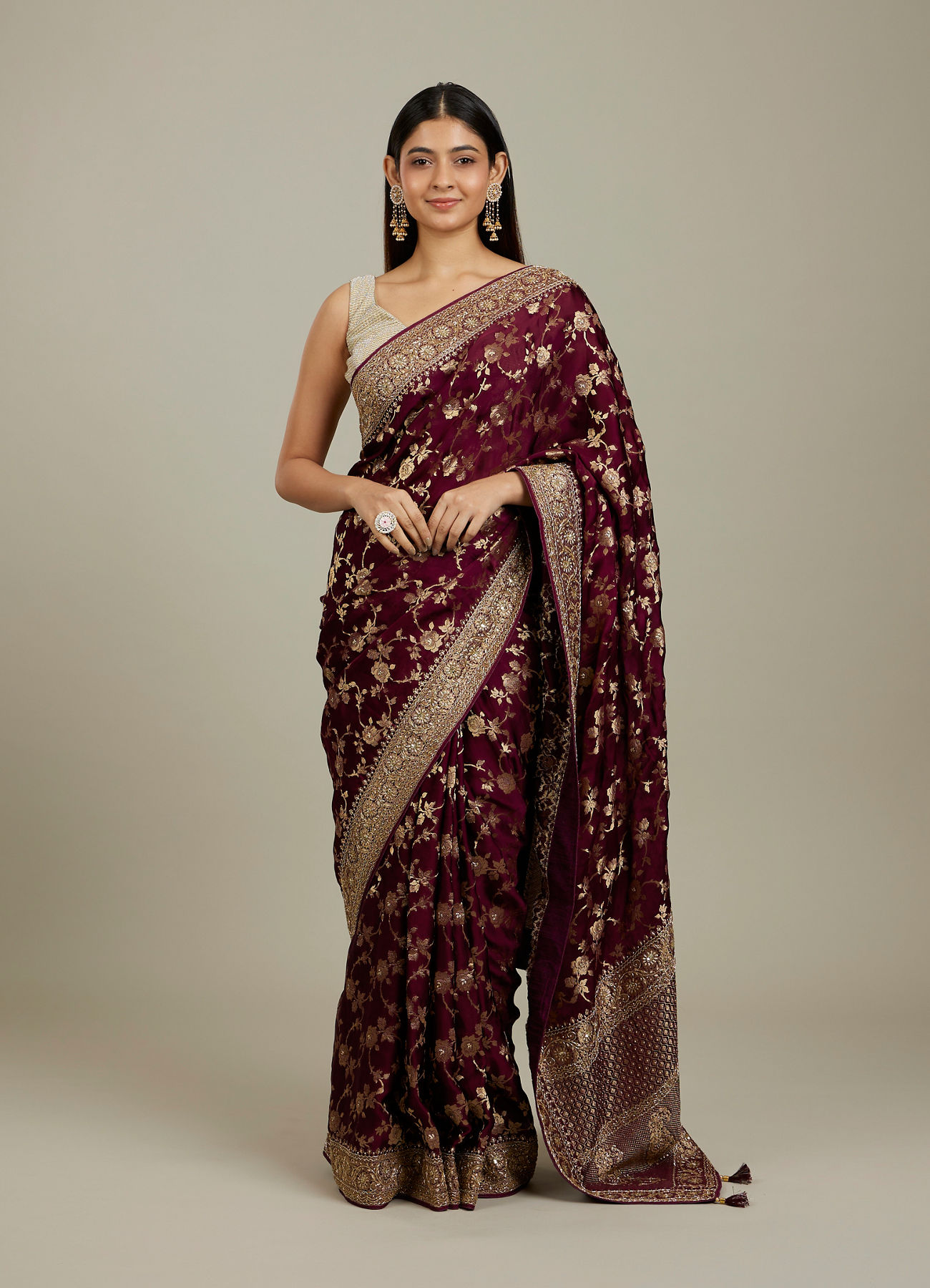 Mohey Women Ruby Red Floral Zari Work Saree