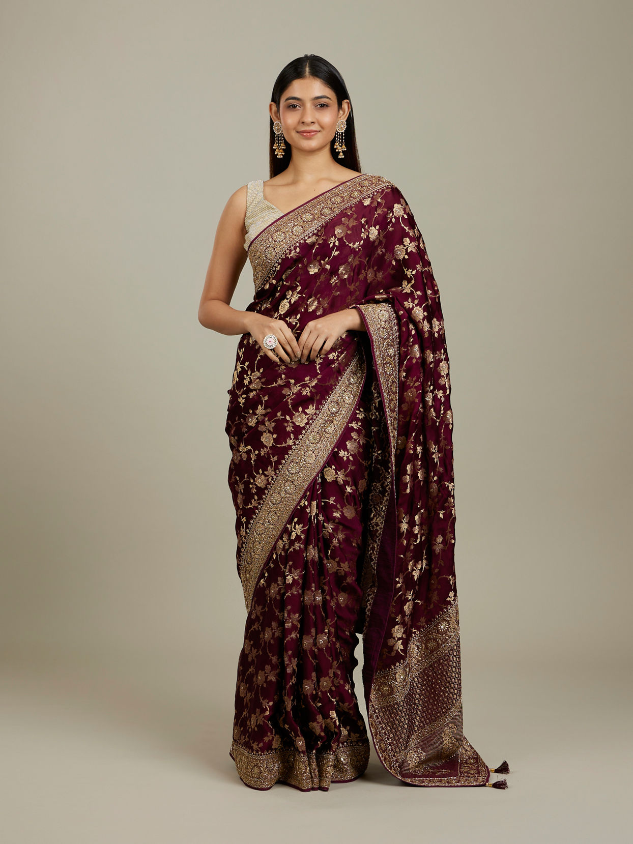 Mohey Women Ruby Red Floral Zari Work Bridal Saree