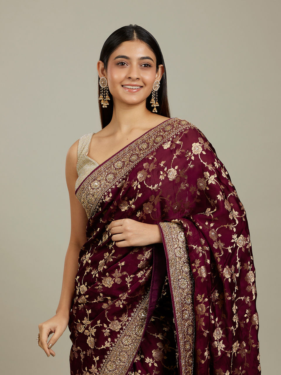 Mohey Women Ruby Red Floral Zari Work Bridal Saree