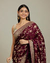 Mohey Women Ruby Red Floral Zari Work Bridal Saree