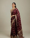 Mohey Women Ruby Red Floral Zari Work Bridal Saree