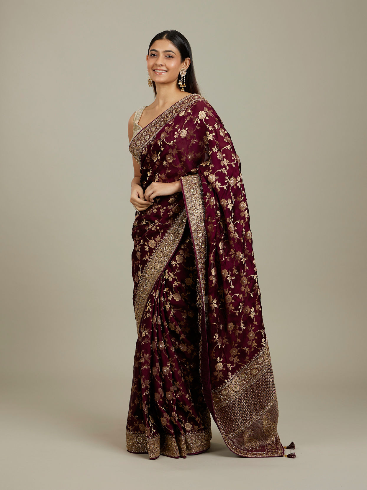 Mohey Women Ruby Red Floral Zari Work Bridal Saree