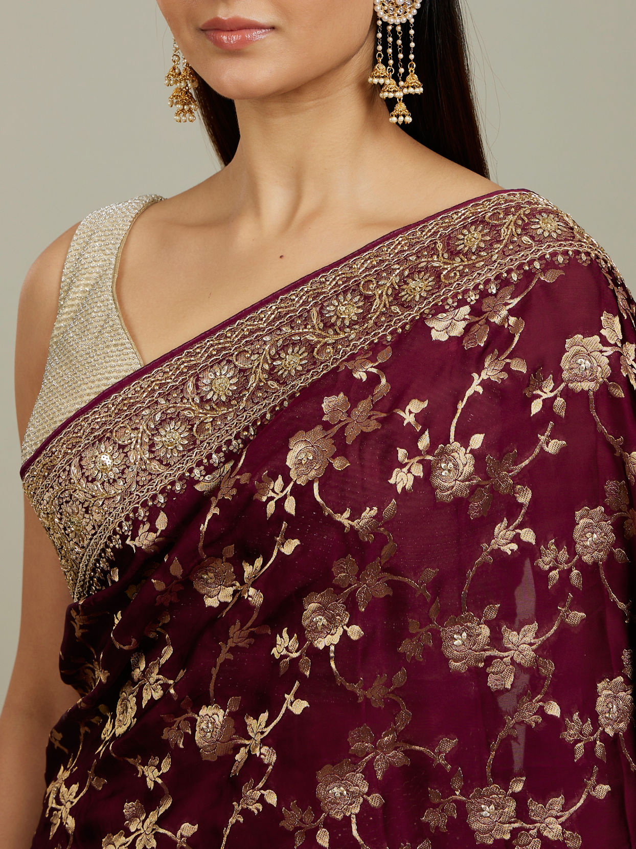 Mohey Women Ruby Red Floral Zari Work Bridal Saree