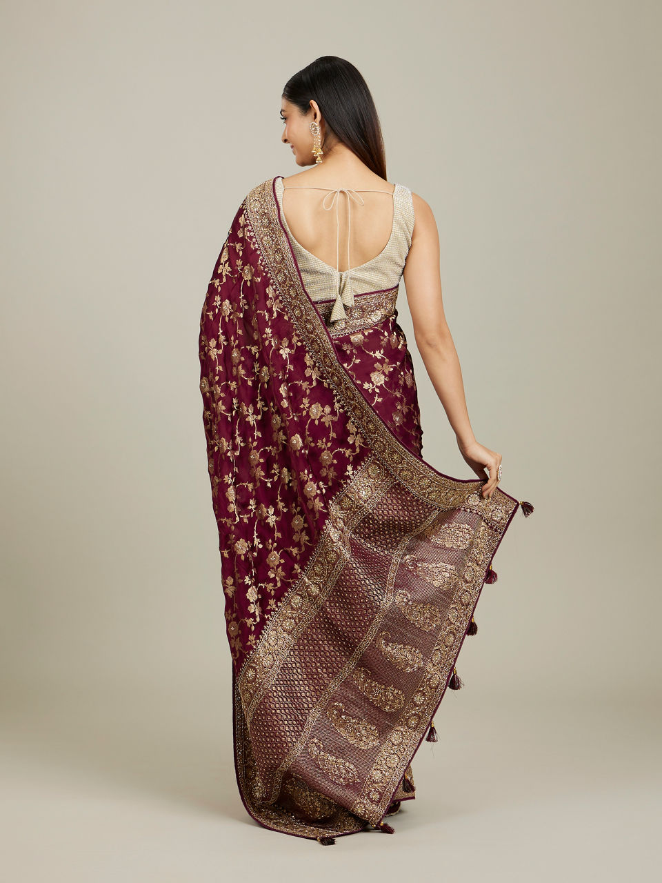 Mohey Women Ruby Red Floral Zari Work Bridal Saree