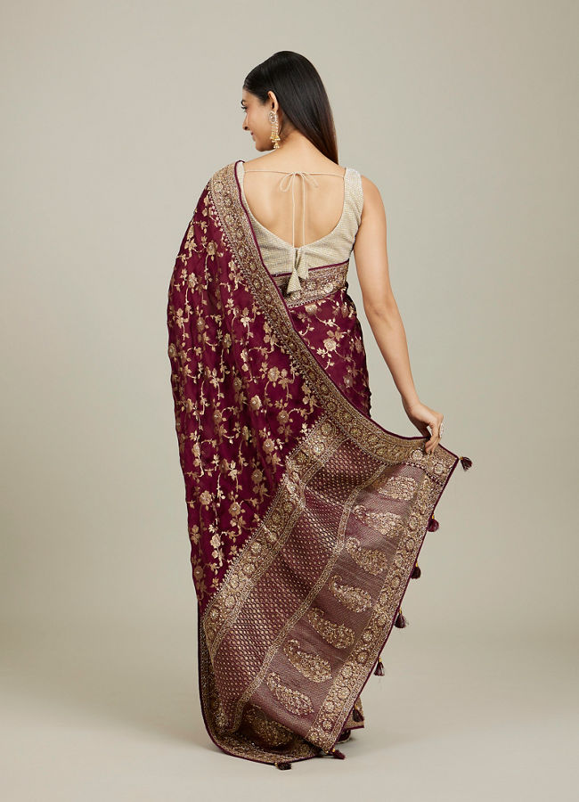 Mohey Women Ruby Red Floral Zari Work Bridal Saree