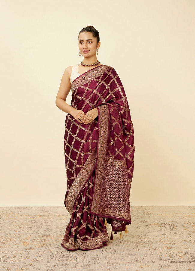 Wine Satin Saree with Harlequin Patterns image number 0