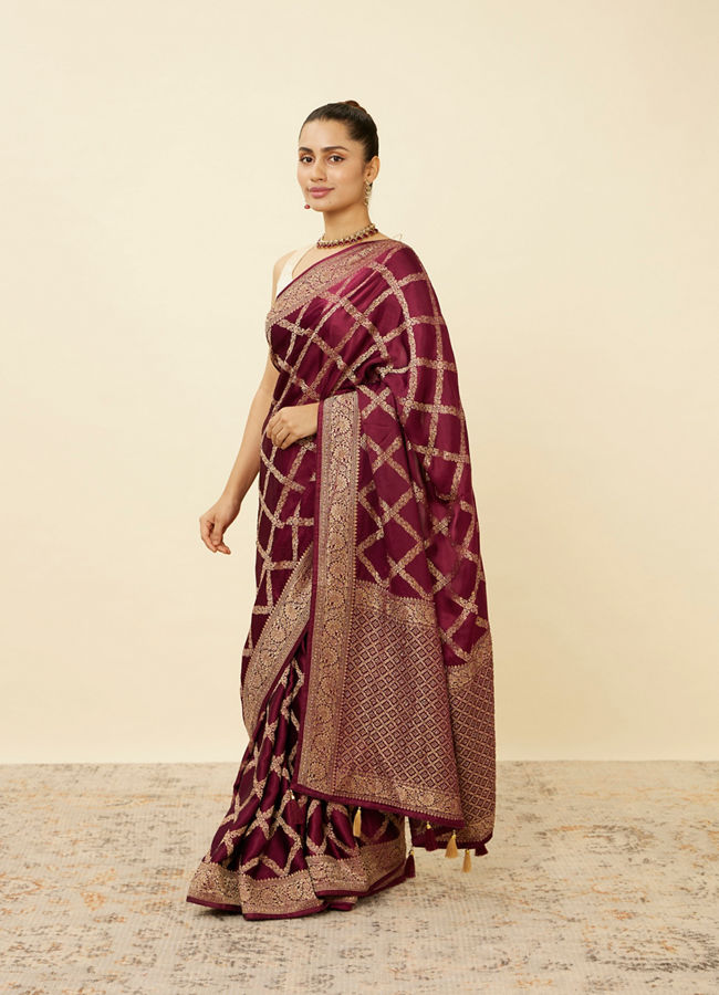 Wine Satin Saree with Harlequin Patterns image number 3