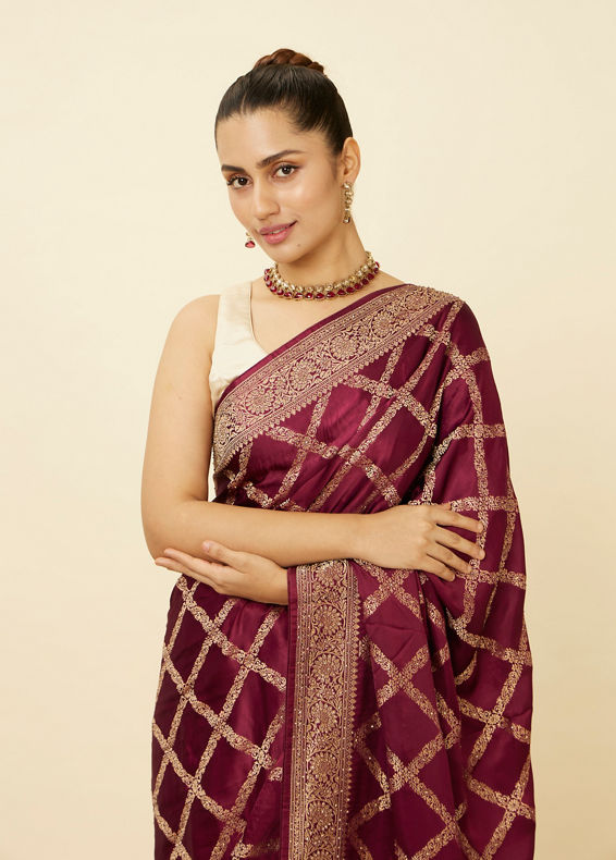 Mohey Women Wine Satin Saree with Harlequin Patterns