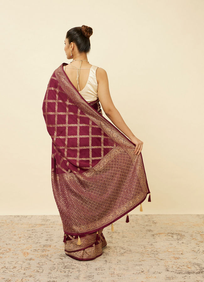 Wine Satin Saree with Harlequin Patterns image number 2