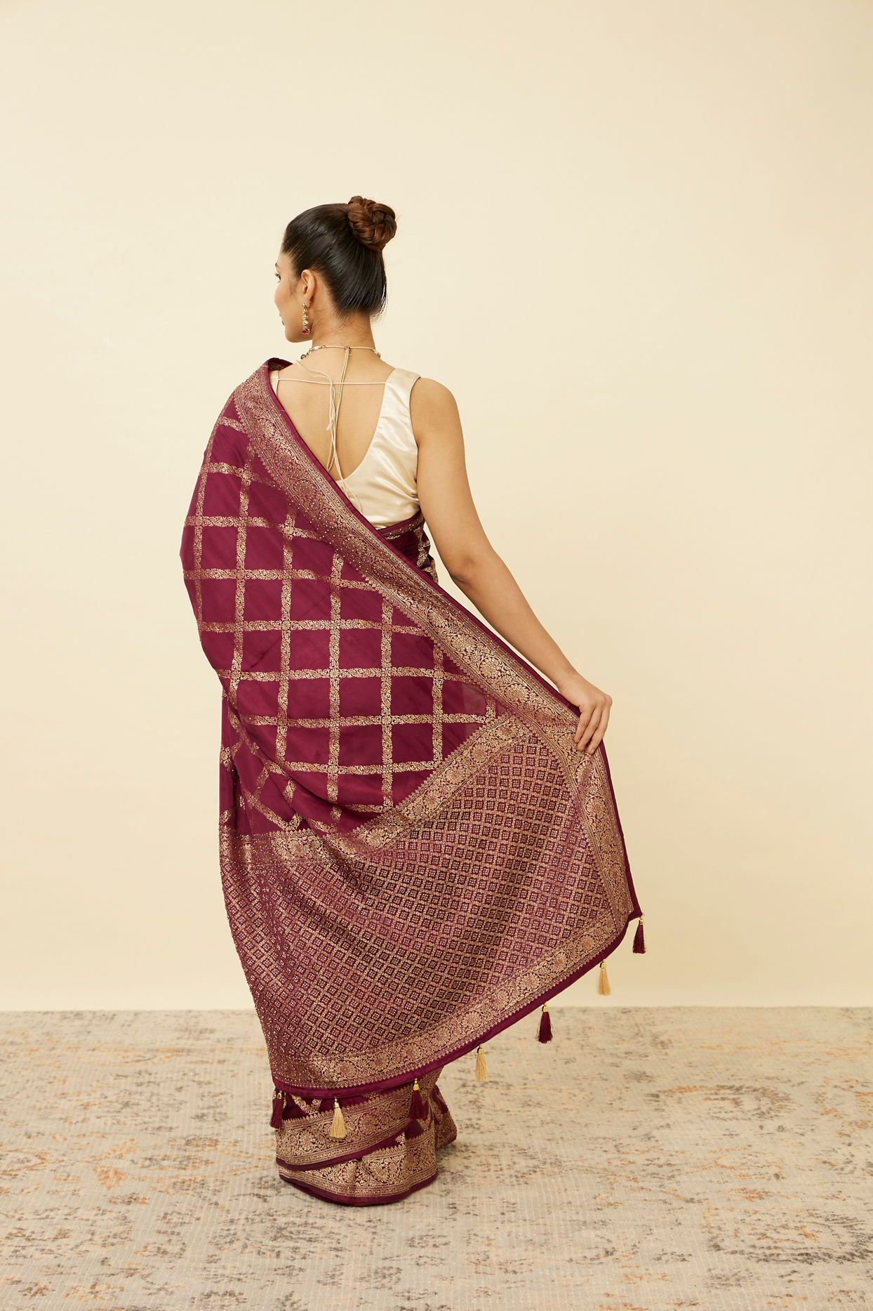 Wine Satin Saree with Harlequin Patterns image number 2