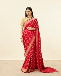 Mohey Women Tomato Red Grid Patterned Stone Work Saree