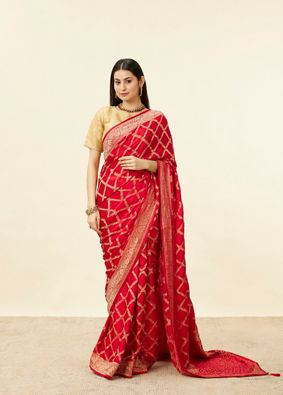 Tomato Red Grid Patterned Stone Work Saree image number 0