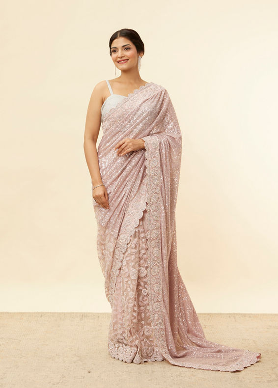 Mohey Women Pastel Purple Bel Buti Patterned Stone Work Saree