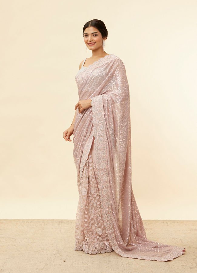 Mohey Women Pastel Purple Bel Buti Patterned Stone Work Saree