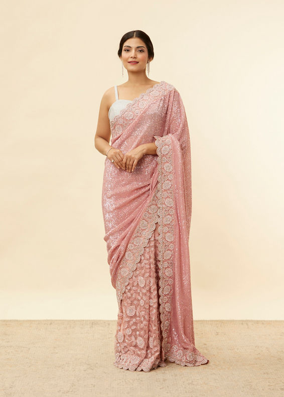 Mohey Women Coral Pink Bel Buti Patterned Stone Work Saree