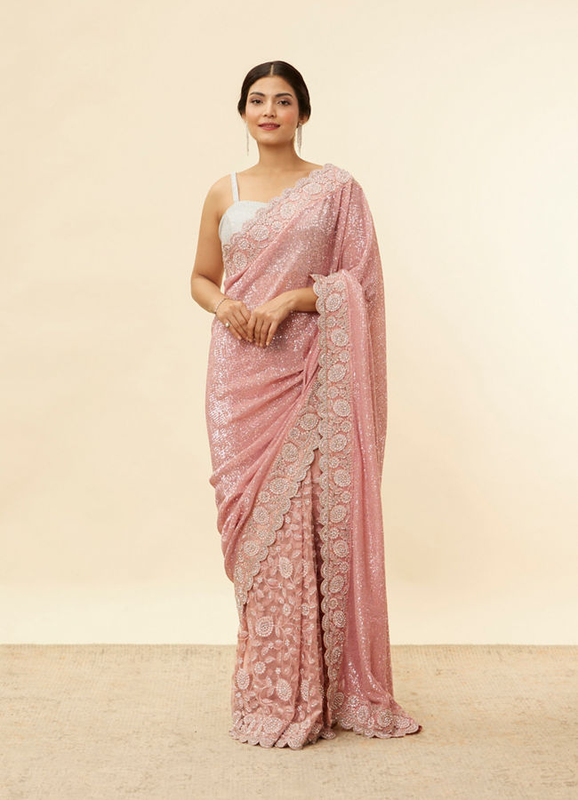 Mohey Women Coral Pink Bel Buti Patterned Stone Work Saree