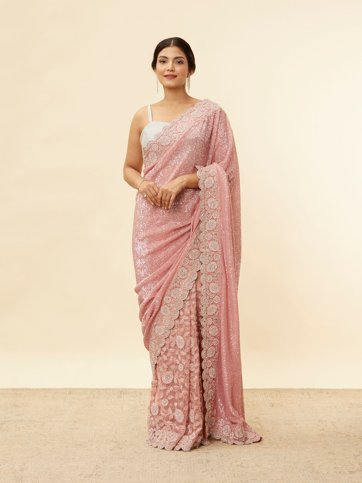 Mohey Women Coral Pink Bel Buti Patterned Stone Work Saree