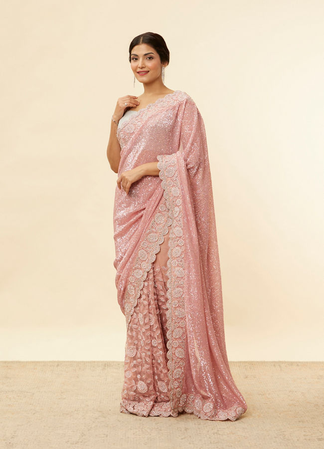 Mohey Women Coral Pink Bel Buti Patterned Stone Work Saree