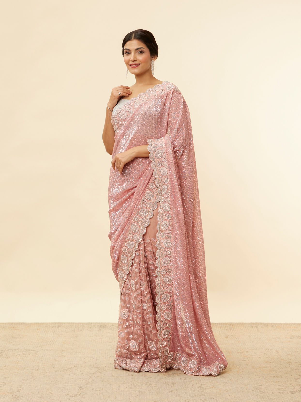 Mohey Women Coral Pink Bel Buti Patterned Stone Work Saree