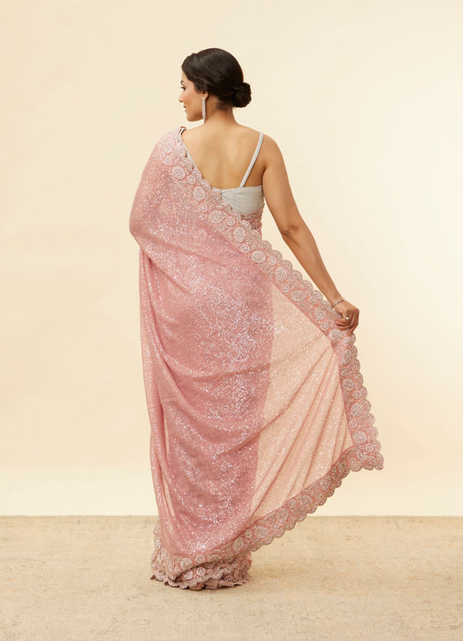 Mohey Women Coral Pink Bel Buti Patterned Stone Work Saree