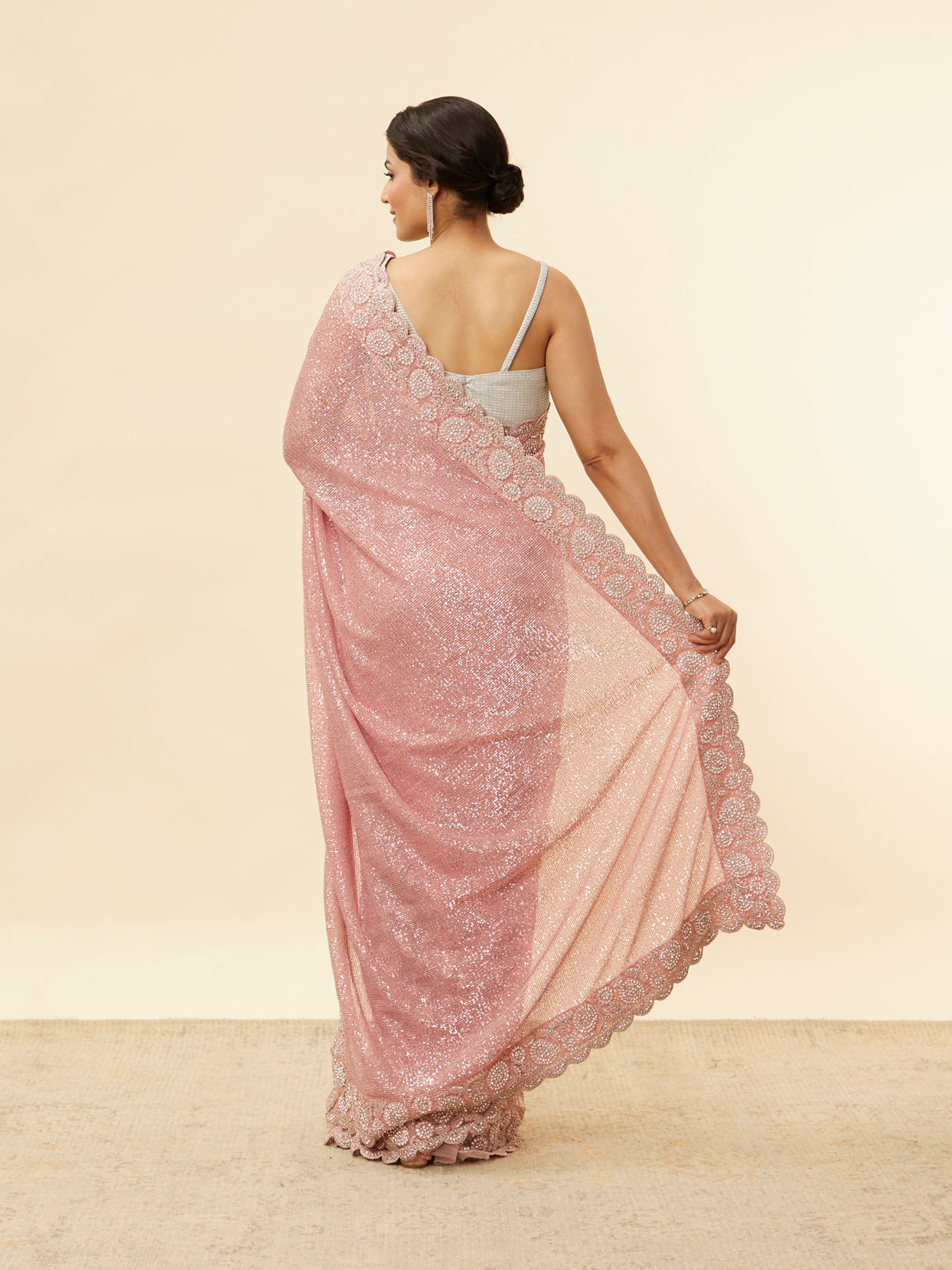 Mohey Women Coral Pink Bel Buti Patterned Stone Work Saree