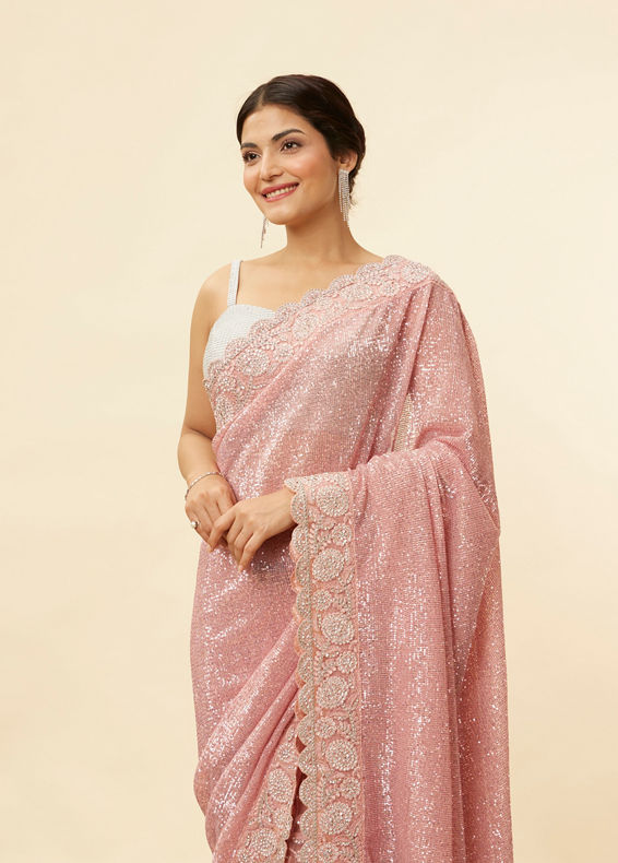Mohey Women Coral Pink Bel Buti Patterned Stone Work Saree