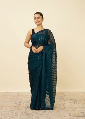 Mohey Women Azure Blue Chevron Patterned Saree