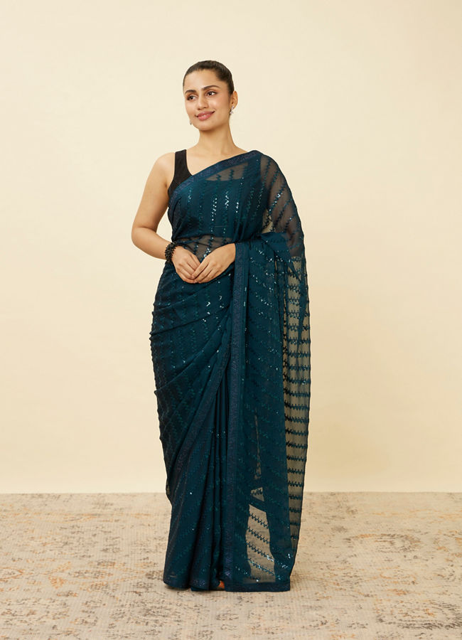 Mohey Women Azure Blue Chevron Patterned Saree