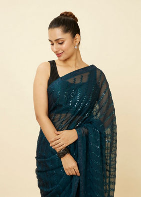 Mohey Women Azure Blue Chevron Patterned Saree