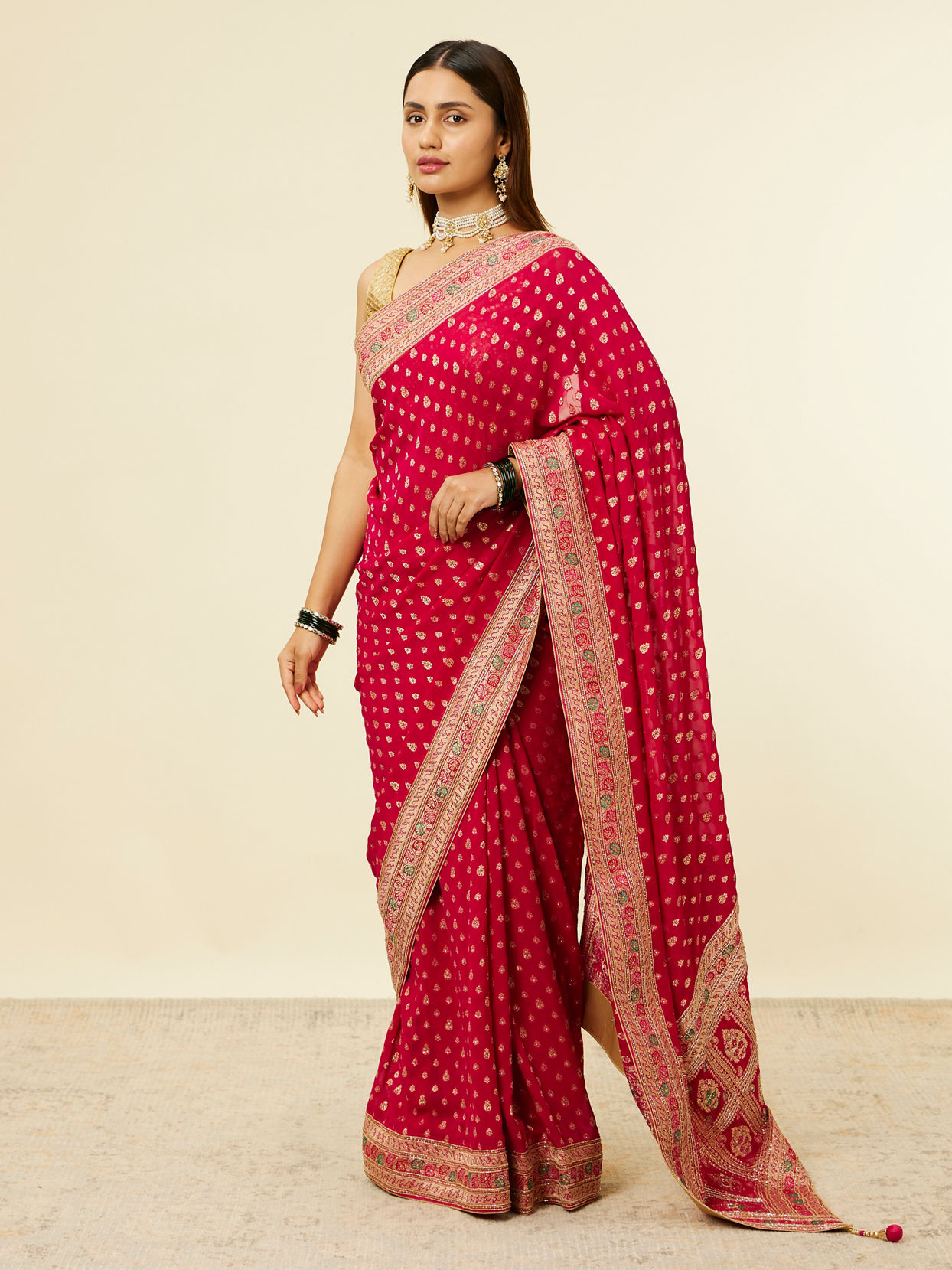 Rani Pink Buta Printed Sequinned Saree image number 3