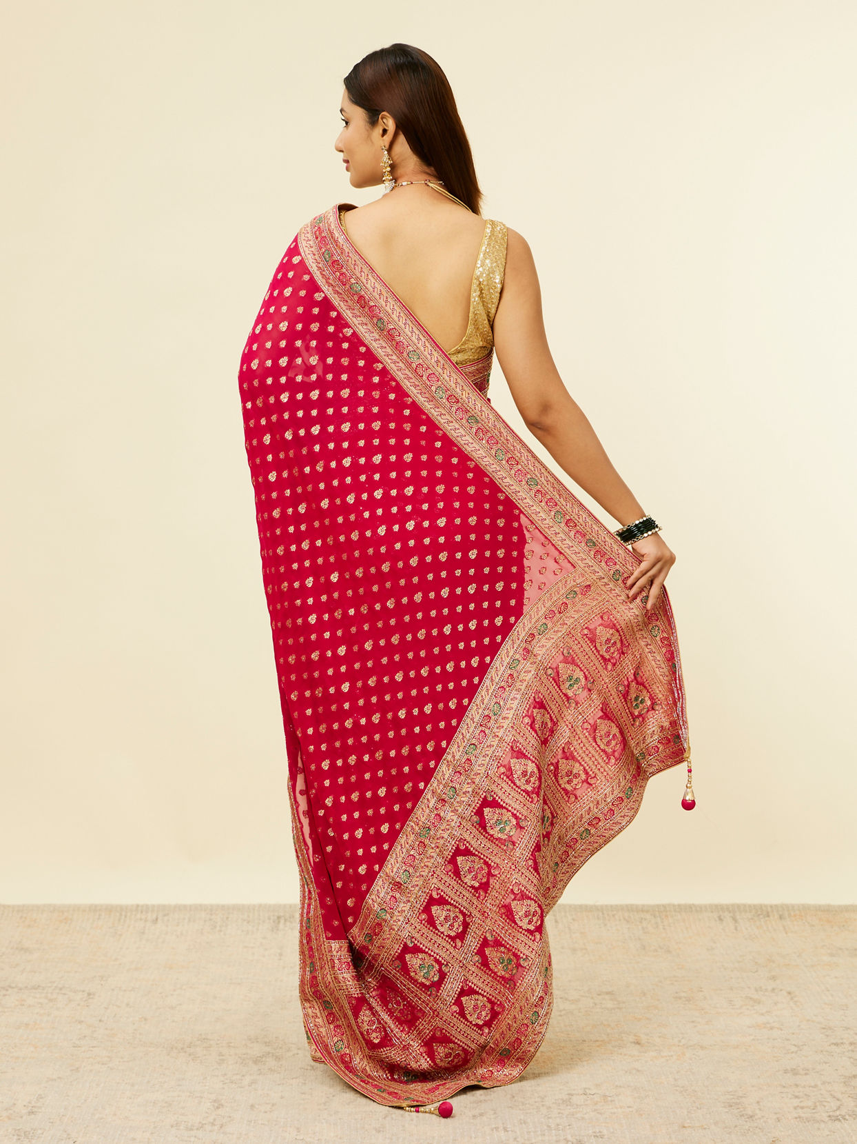 Rani Pink Buta Printed Sequinned Saree image number 2