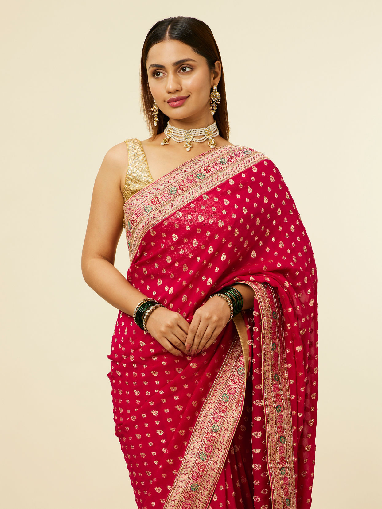 Rani Pink Buta Printed Sequinned Saree image number 1
