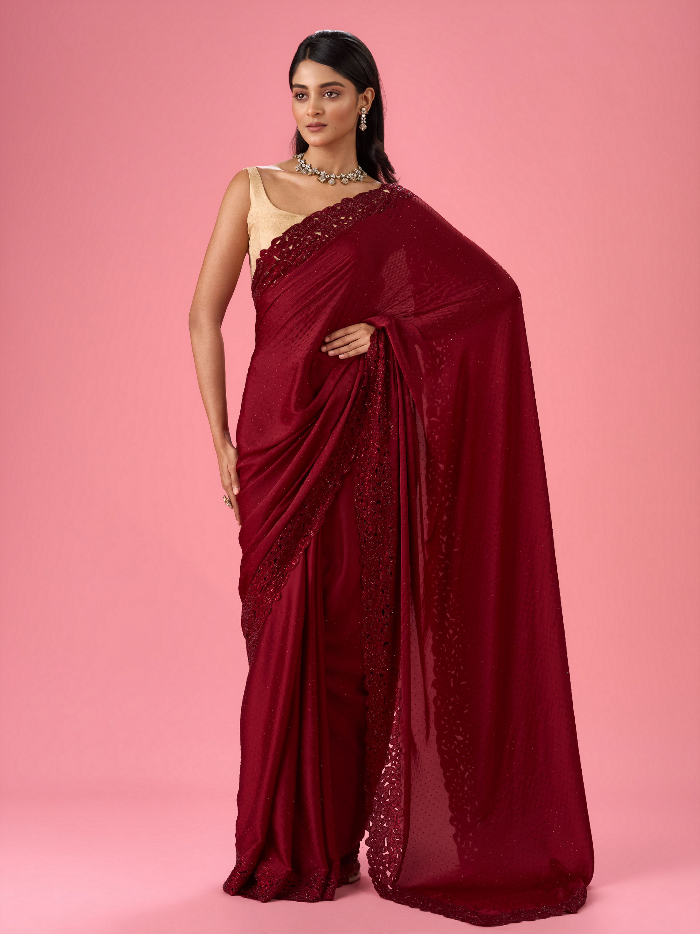 Mohey Women Maroon Splendor Satin Saree