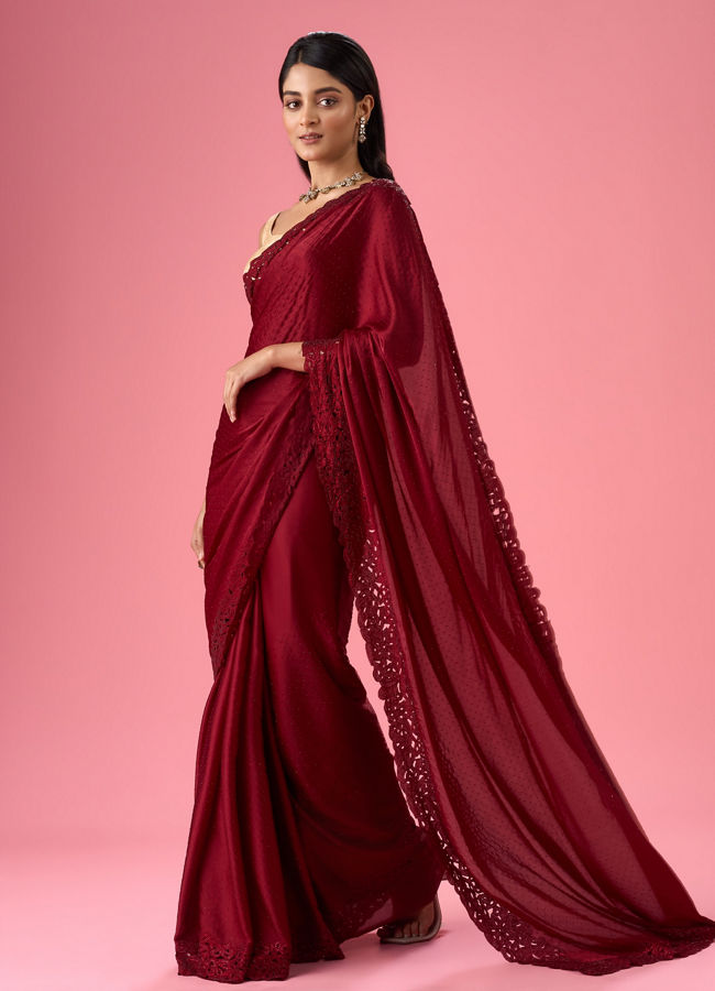 Mohey Women Maroon Splendor Satin Saree