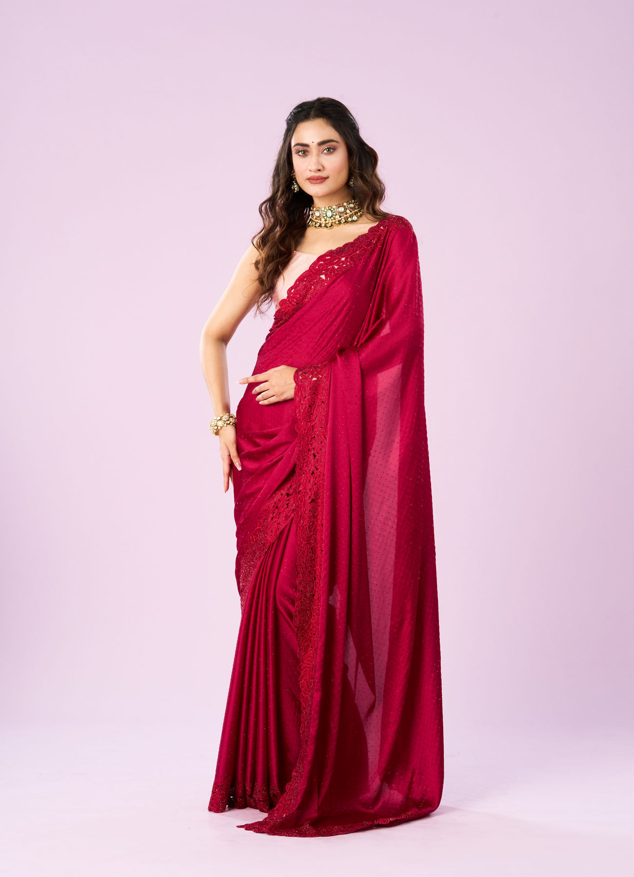 Mohey Women Pink Satin Majesty Saree