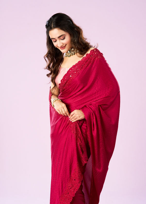 Mohey Women Pink Satin Majesty Saree