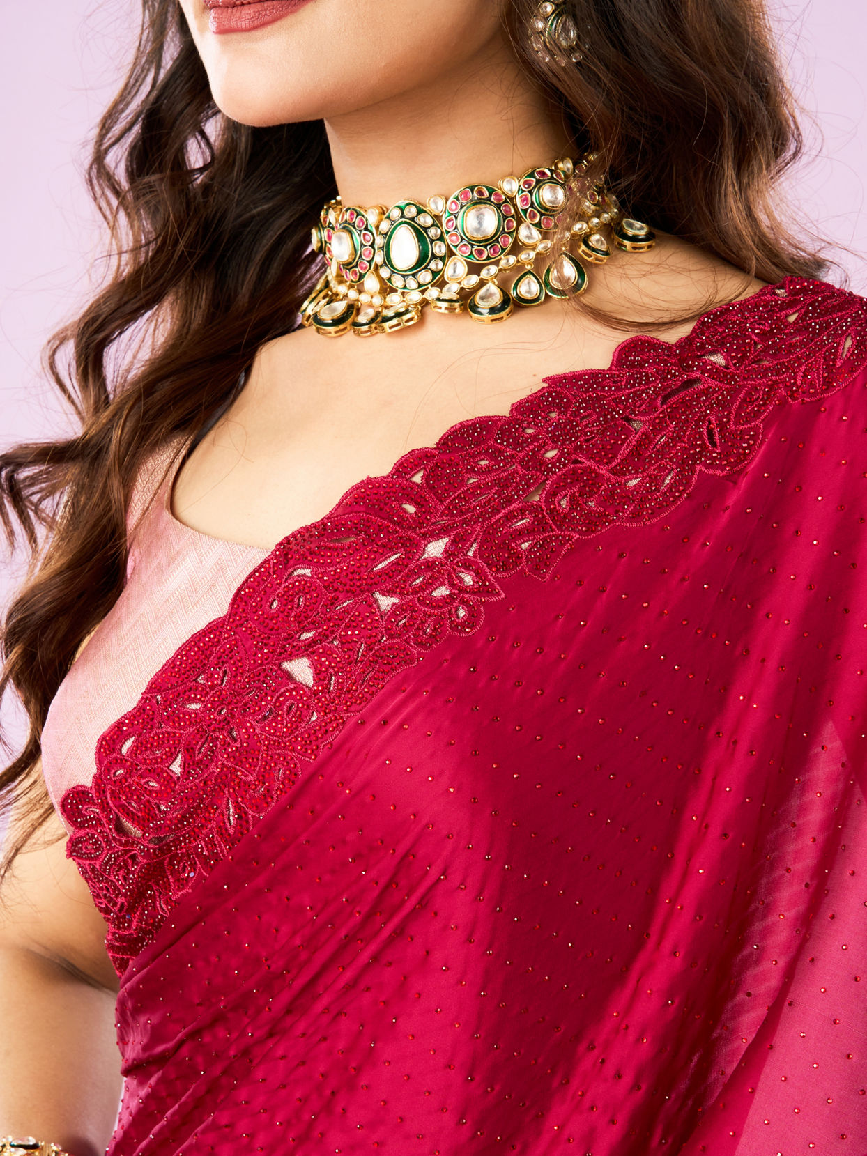 Mohey Women Pink Satin Majesty Saree