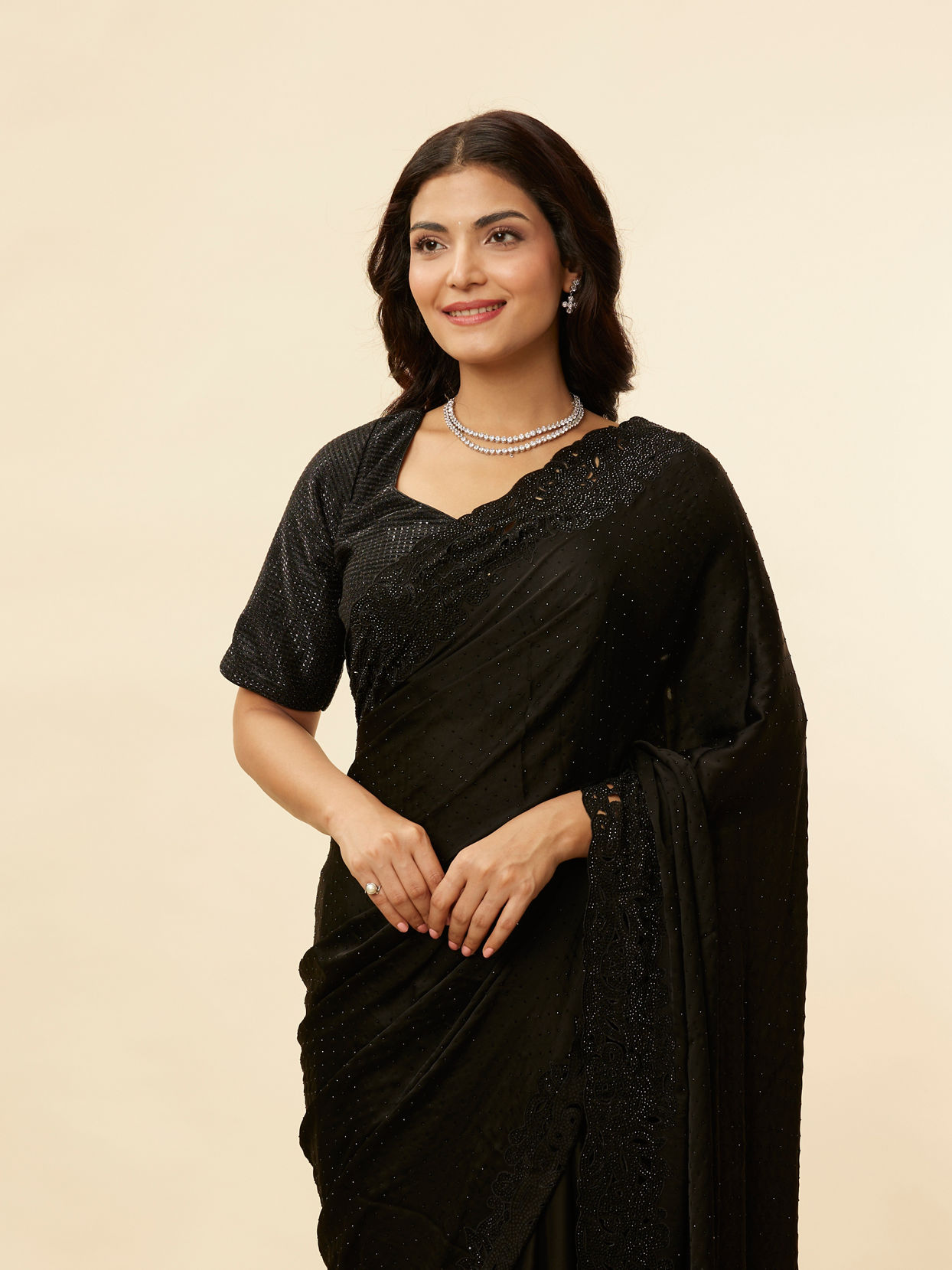 alt message - Mohey Women Onyx Black Stone Work Saree image number 1