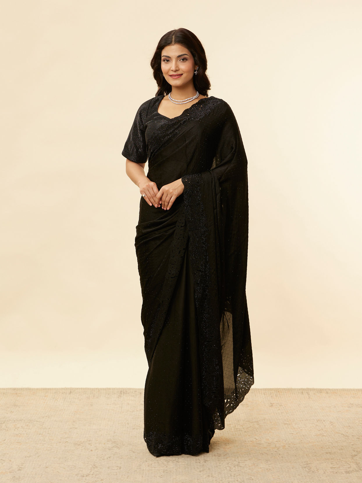 alt message - Mohey Women Onyx Black Stone Work Saree image number 0