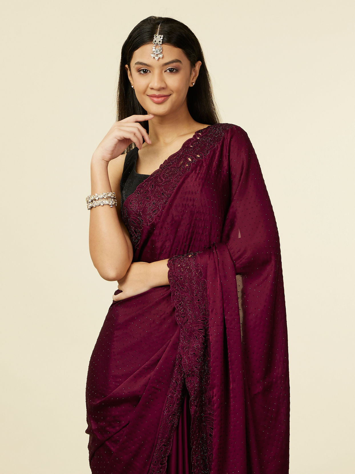 Wine Mauve Ombre Marble Saree with Floral Print & Lace Border