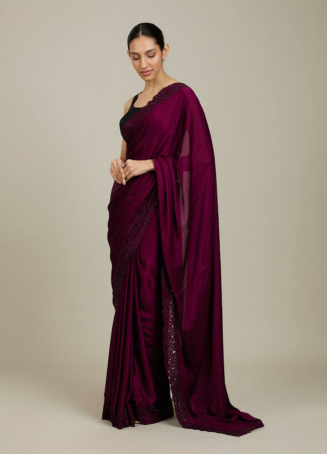 Mohey Women Raspberry Wine Floral Patterned Stone Work Saree image number 2